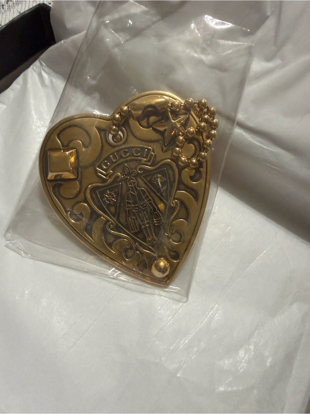 Vintage Gucci Gold Heart Pendant Keychain with Engraved Crest